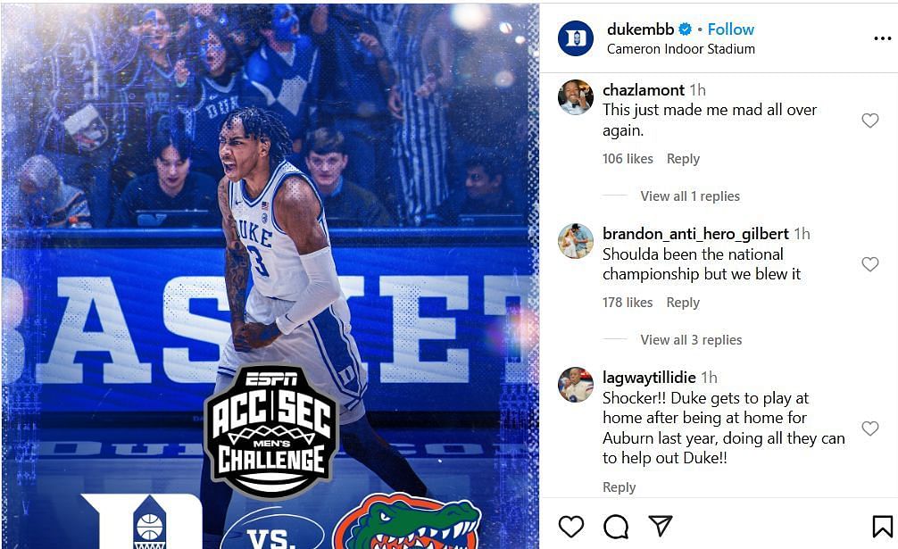 Duke fans react to the ACC/SEC men's Challenge against Florida on IG. Image via @dukembb